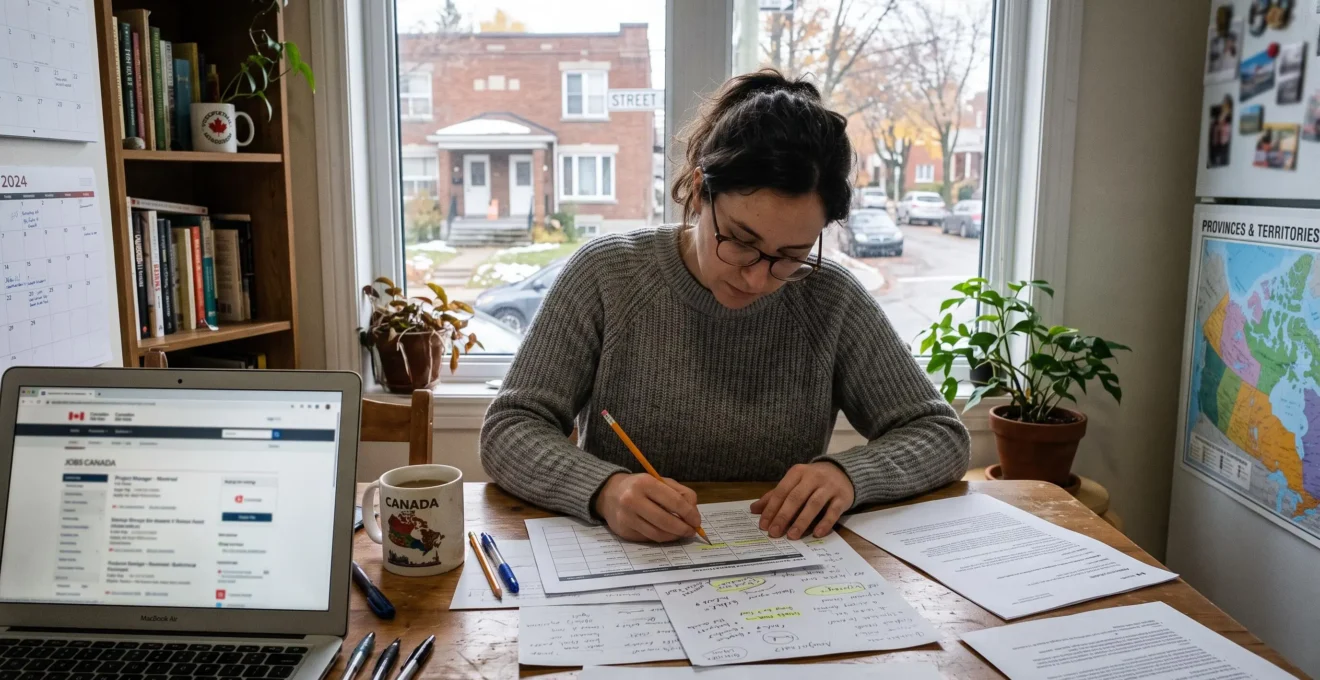 Une chercheuse d'emploi compare des offres d'emploi imprimées et ses notes à table devant un ordinateur portable dans un appartement canadien.