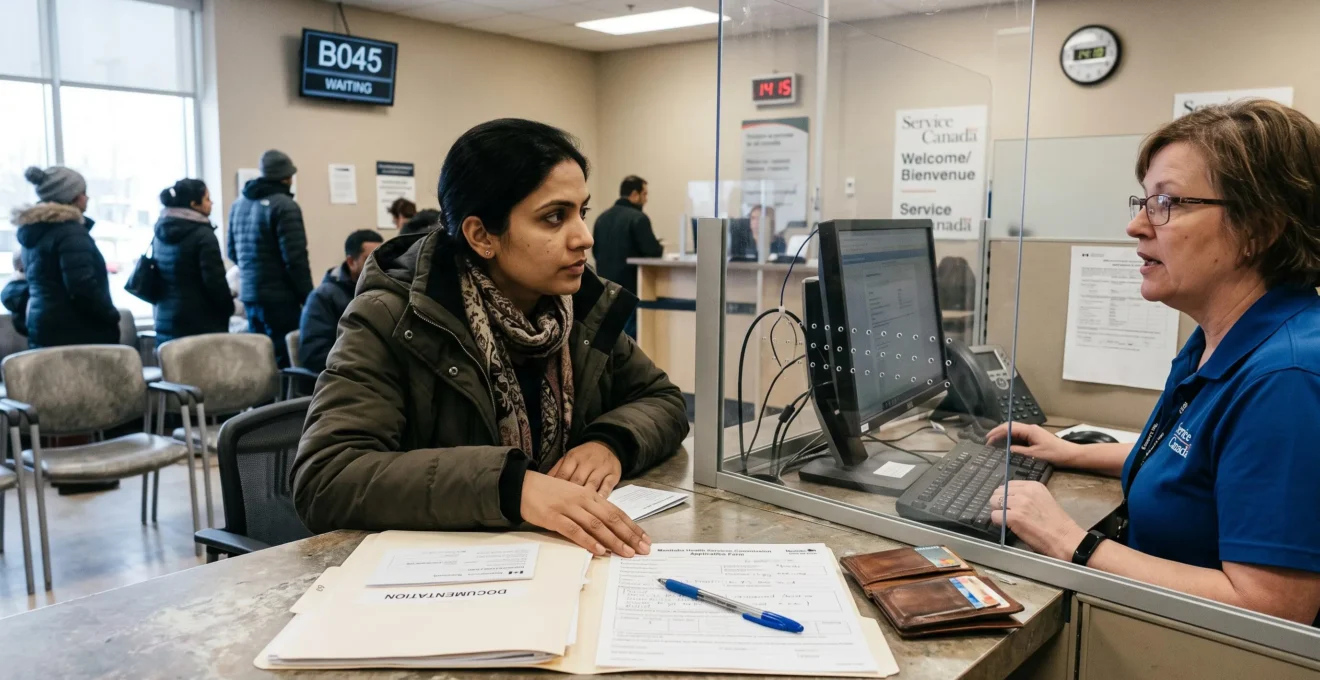 Une nouvelle arrivante échange avec un préposé au guichet d'un bureau administratif canadien, ses documents posés sur le comptoir.