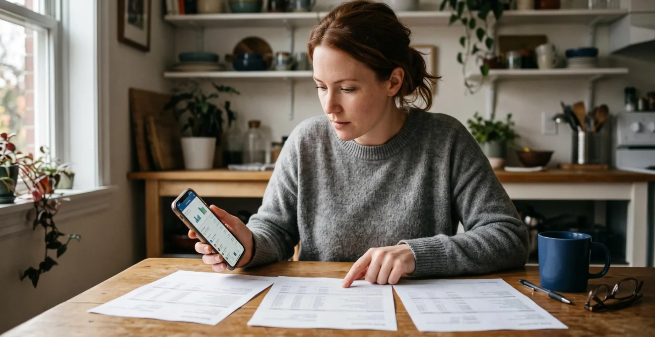 Une personne assise à une table de cuisine compare trois relevés bancaires papier avec son application bancaire sur son téléphone.