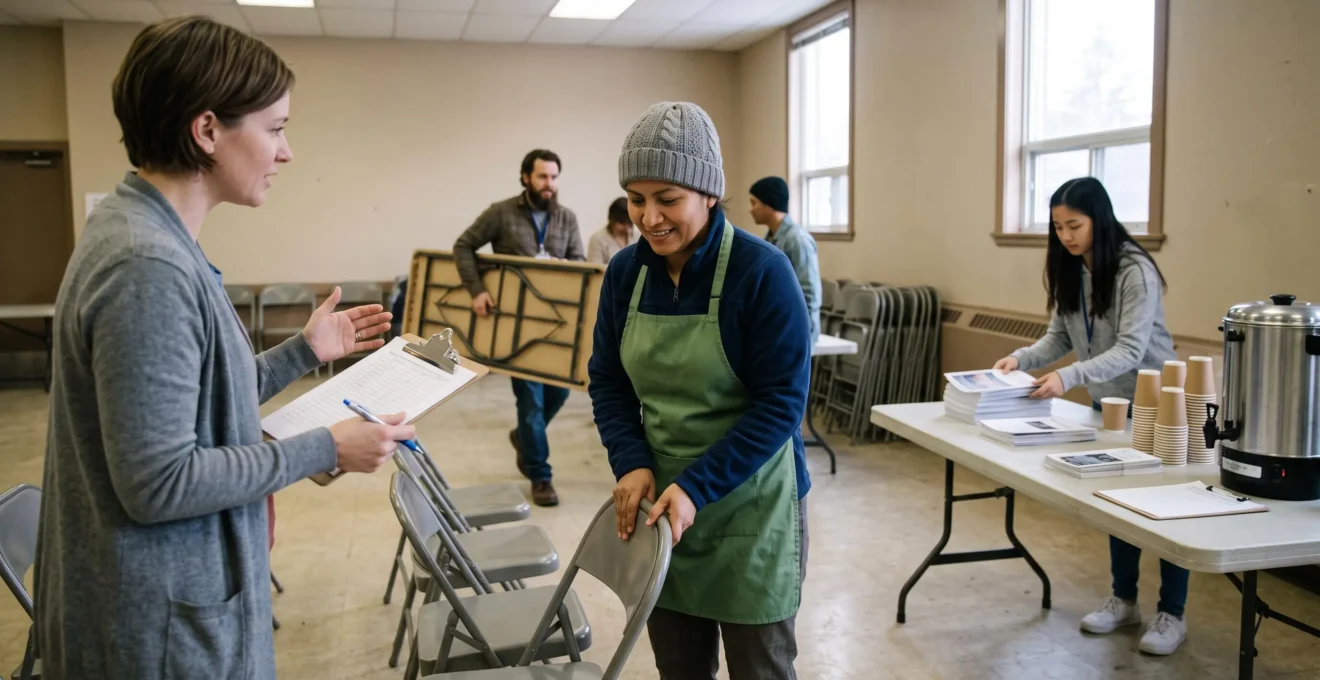 Une bénévole prépare les tables d'accueil d'un événement communautaire dans un centre de quartier canadien, avec la coordinatrice des bénévoles.