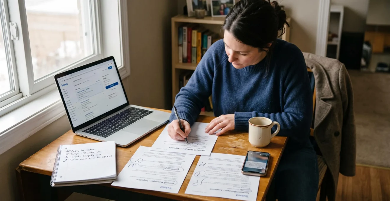Une chercheuse d'emploi compare des offres imprimées et prend des notes ciblées à côté de son ordinateur portable dans son appartement.