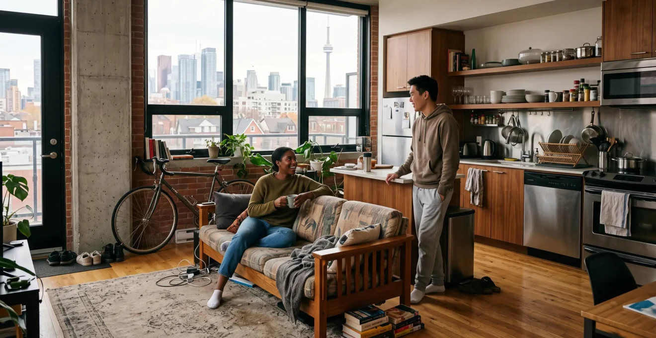 Deux jeunes adultes discutent dans le salon moderne d'un appartement partagé au Canada.