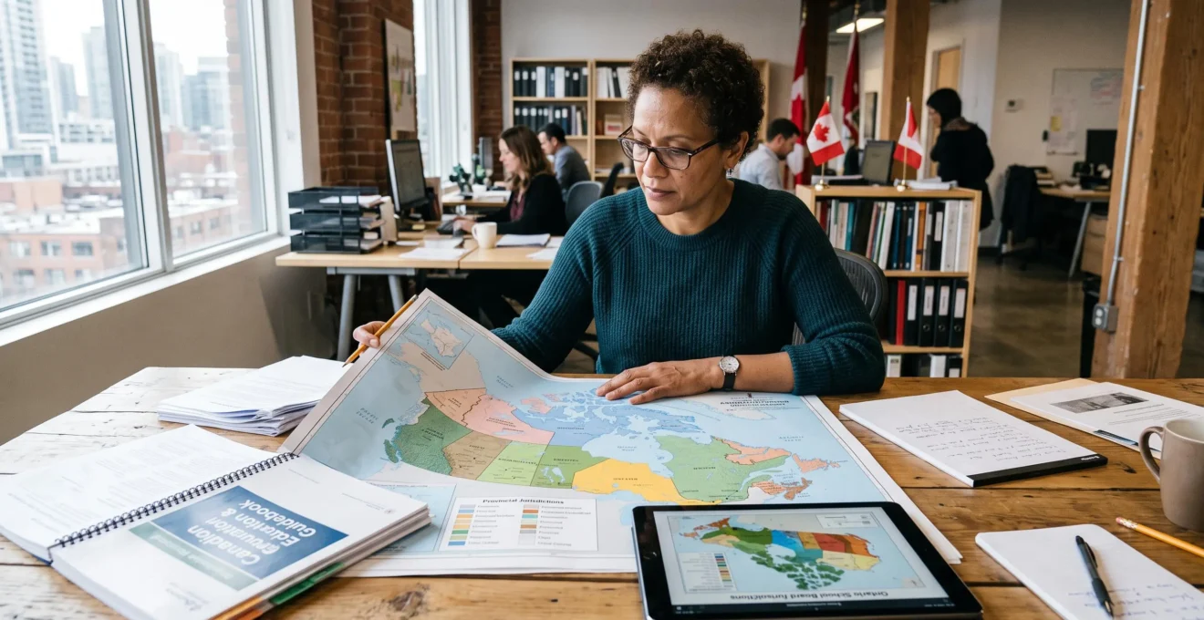 Parent consultant analysant la carte provinciale du Canada pour comprendre les différences du système éducatif.