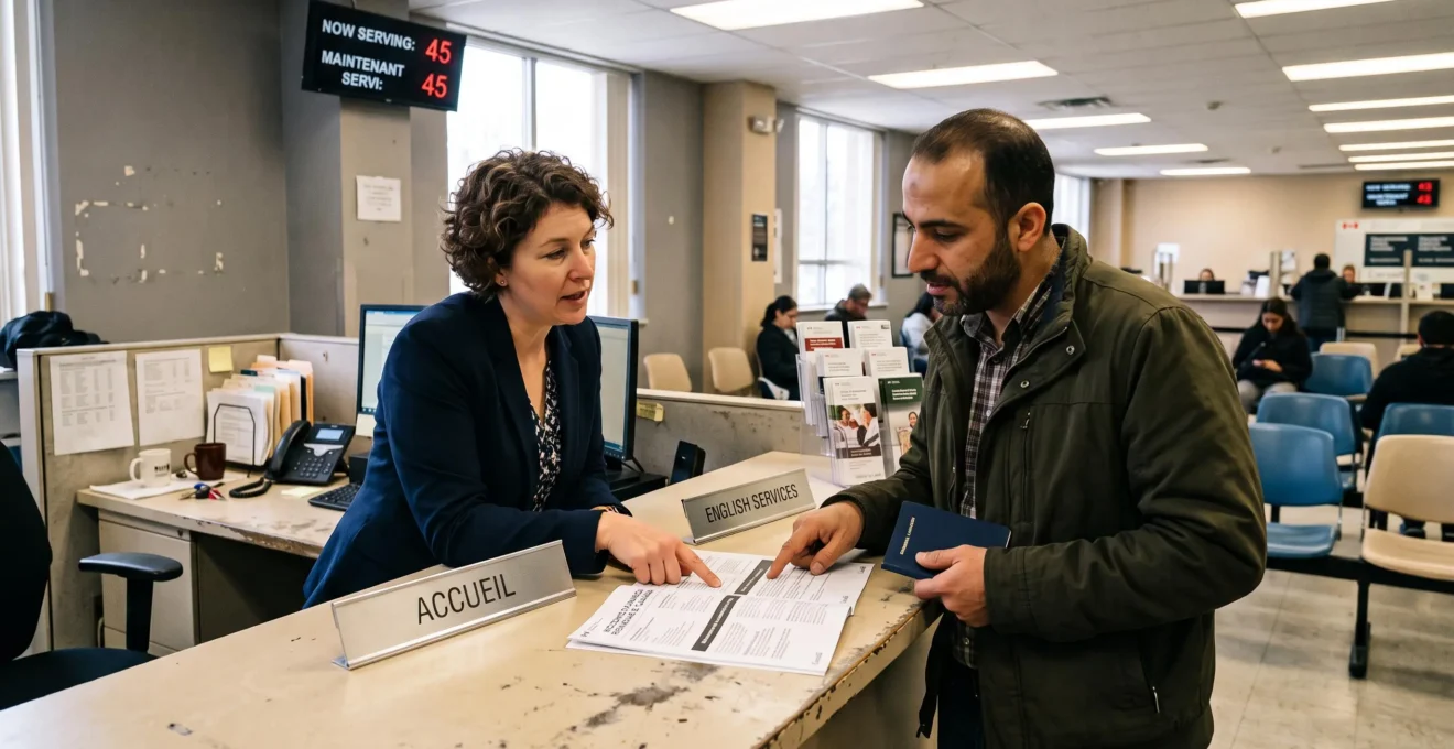 Un agent au comptoir d'un service fédéral canadien explique un document bilingue à une visiteuse.