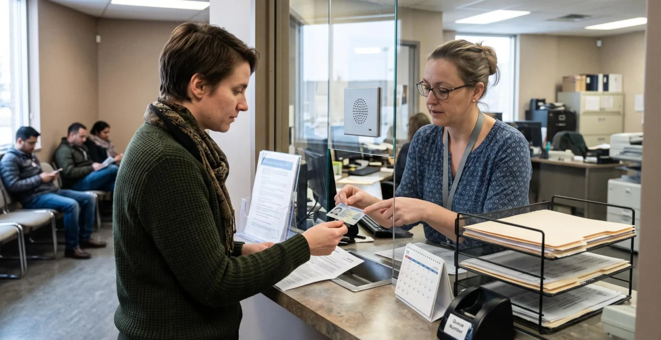 Un nouvel arrivant remet son permis de conduire étranger à un agent derrière le comptoir d'un office provincial de délivrance des permis au Canada.