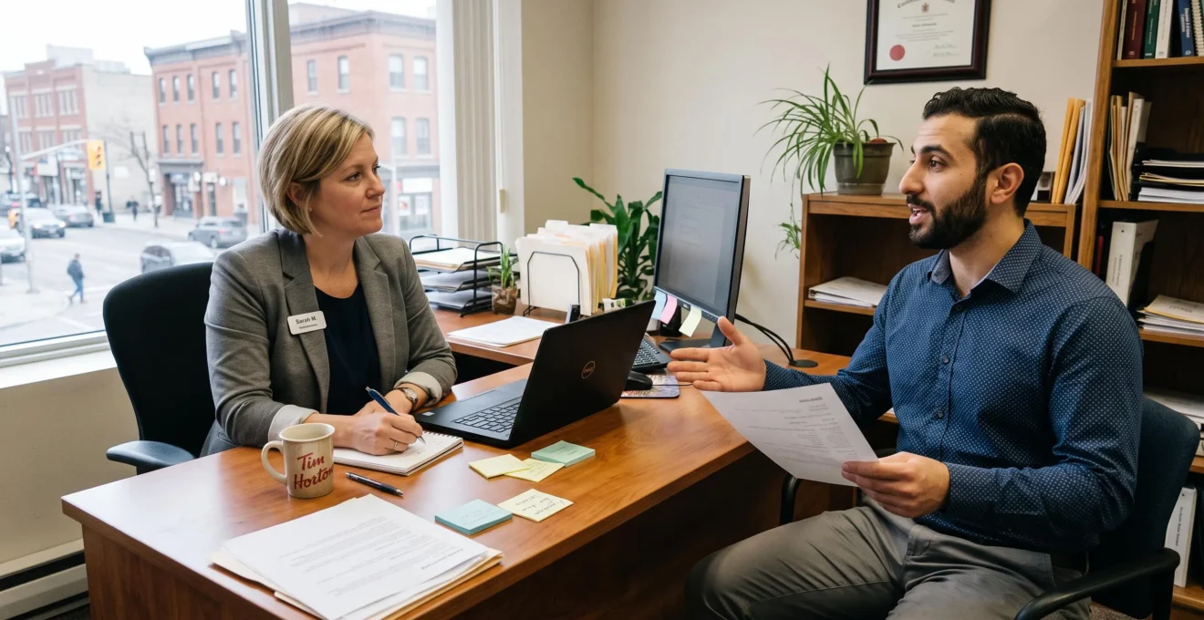 Un candidat explique son parcours à une recruteuse lors d'un entretien d'embauche dans un bureau canadien lumineux.