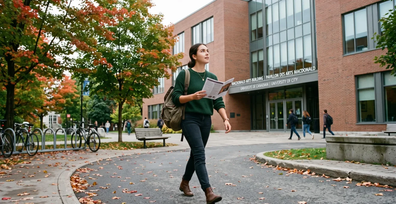 Un étudiant avec un guide de programmes se dirige vers un bâtiment universitaire sur un campus canadien en automne.