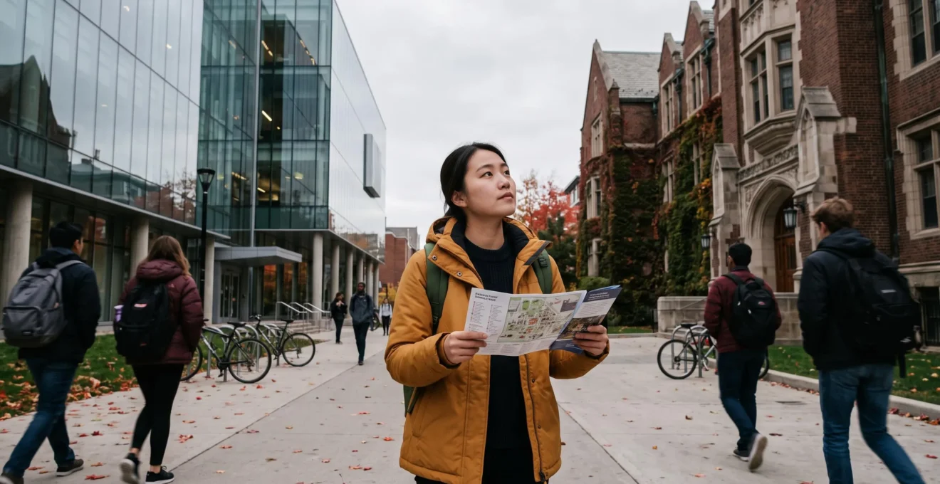 Une étudiante tient une carte du campus et observe les bâtiments universitaires d'un campus canadien en automne.
