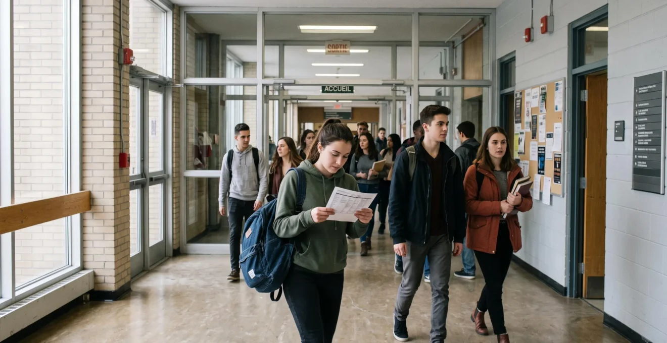 Des étudiants traversent le hall d'entrée d'un cégep québécois, l'un d'eux consultant son horaire de cours imprimé.