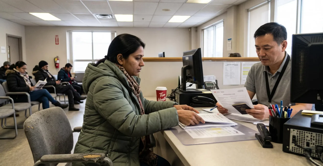 Une nouvelle arrivante remet ses documents d'immigration à un employé d'un guichet d'assurance maladie dans un bureau provincial au Canada.