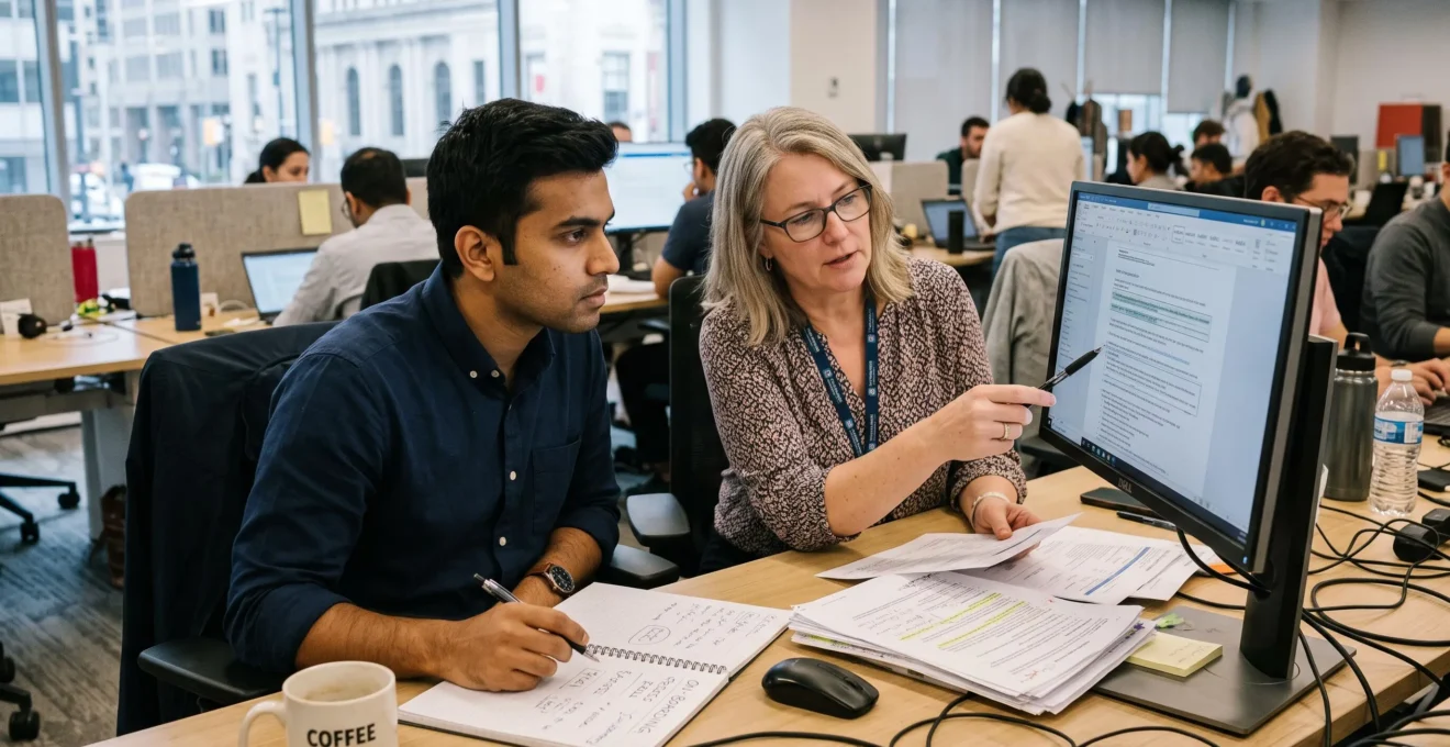 Un collègue canadien explique un document professionnel à un nouvel arrivant devant un écran dans un bureau ouvert.