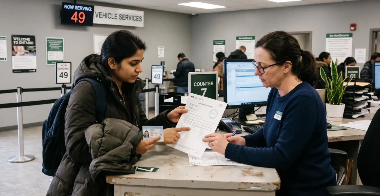 Un nouvel arrivant présente son permis de conduire étranger et une attestation officielle à un préposé d'un bureau de délivrance des permis au Canada.