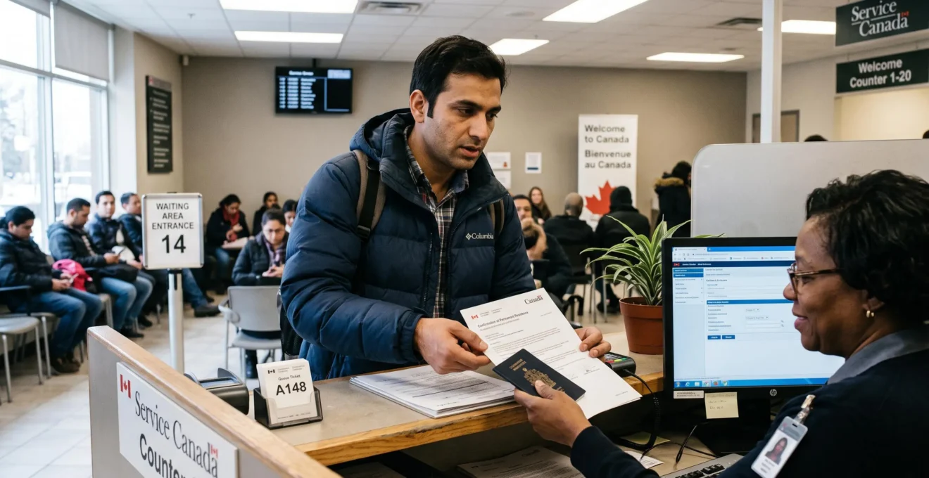 Un nouvel arrivant présente ses documents d'immigration et son passeport à un préposé derrière un comptoir de services gouvernementaux au Canada.