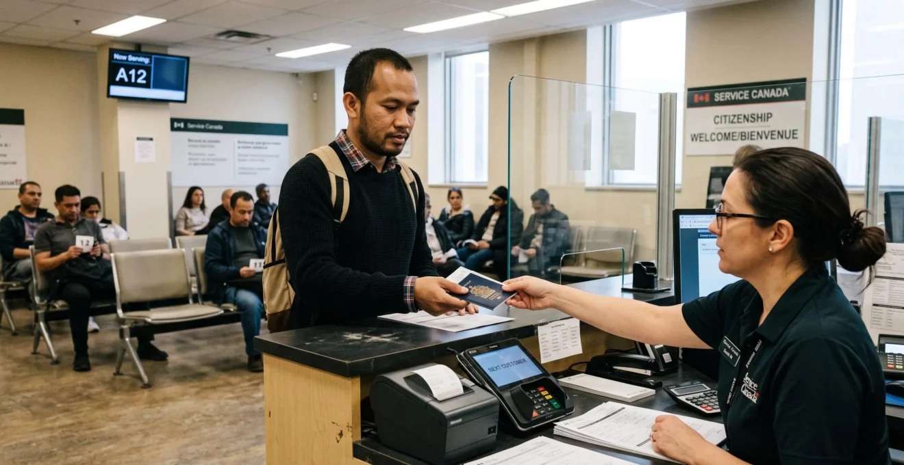 Un nouvel arrivant présente son passeport et son permis de travail à un agent derrière le guichet d'un bureau Service Canada au Canada.