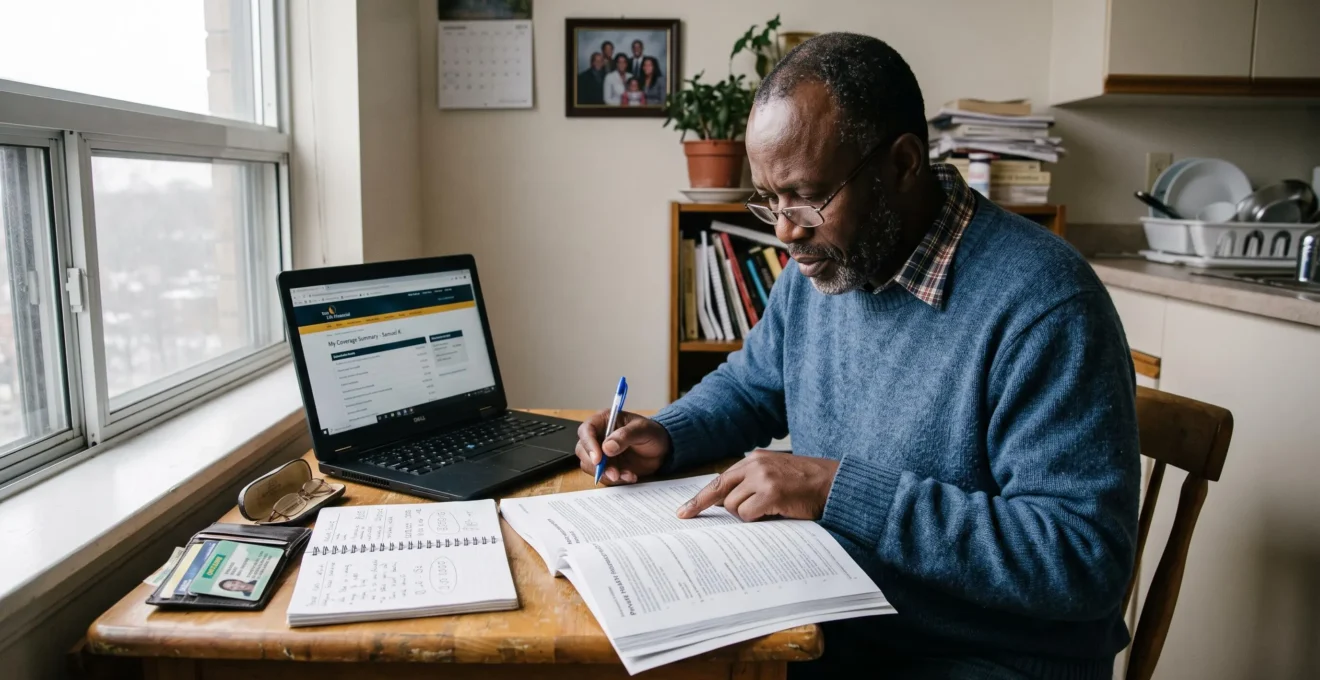 Une nouvelle arrivante au Canada lit une police d'assurance santé privée à sa table, une carte de santé provinciale posée à côté d'un ordinateur portable.