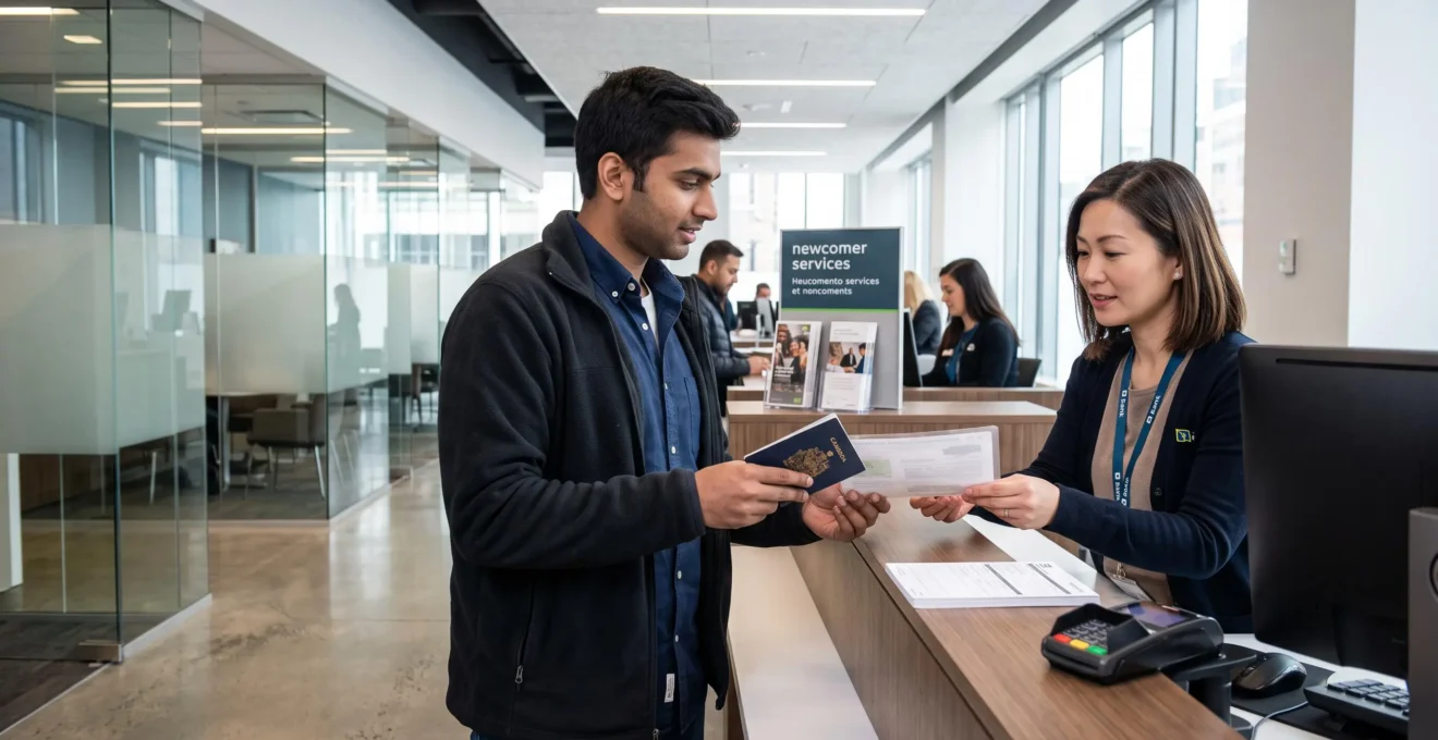 Un nouvel arrivant donne ses documents à un agent bancaire dans une agence canadienne moderne pour ouvrir un compte bancaire.