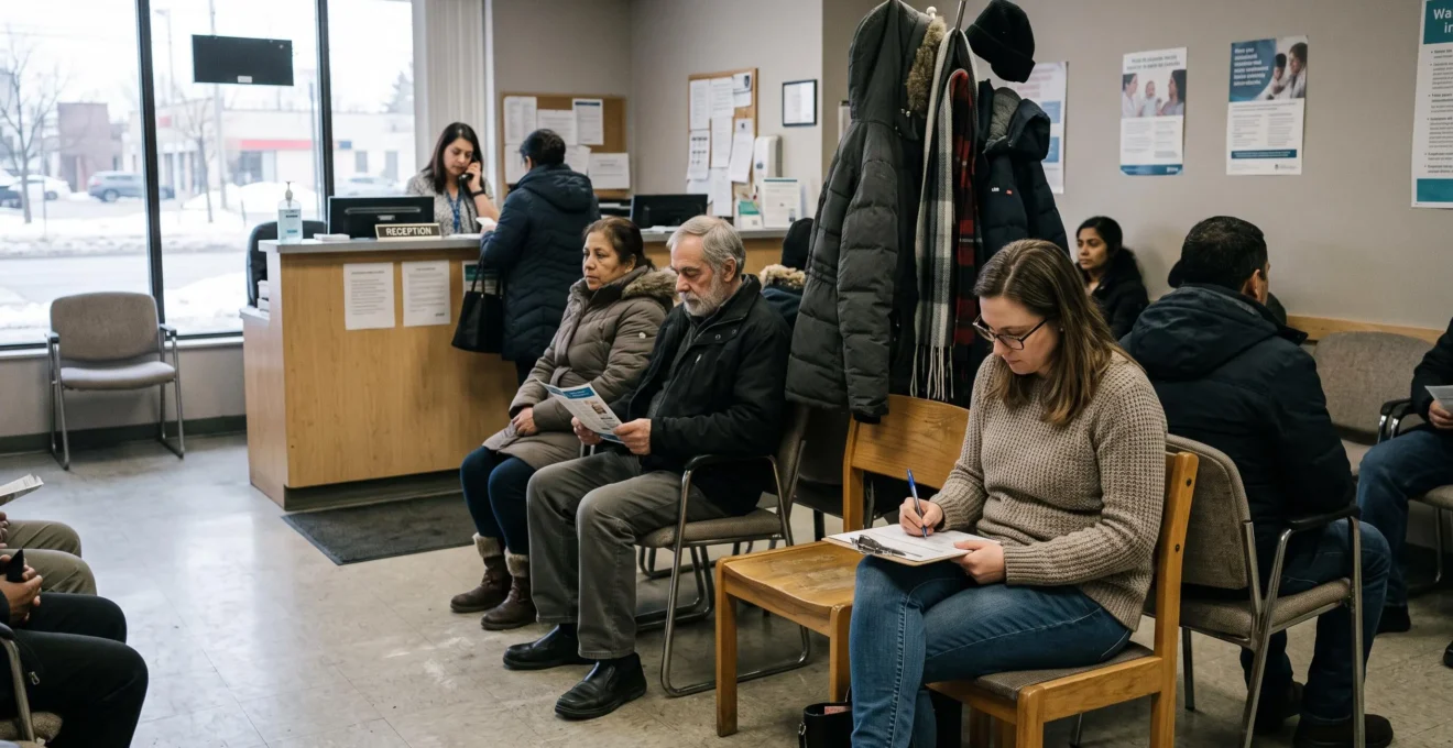 Un patient remplit un formulaire d'inscription sur un presse-papiers dans la salle d'attente d'une clinique sans rendez-vous au Canada.