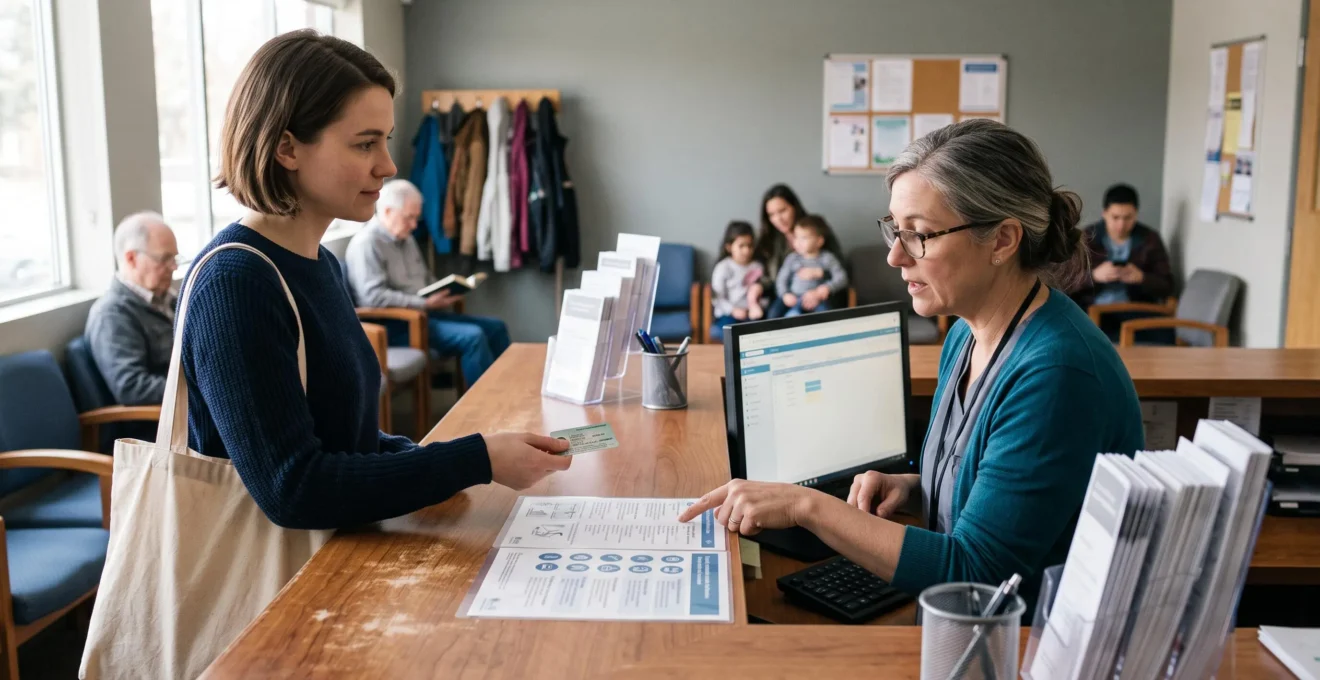 Un patient tend sa carte santé au comptoir d'accueil d'une clinique pendant que la réceptionniste vérifie une liste de services.