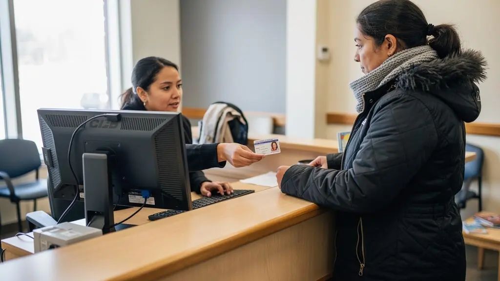 Un nouvel arrivant présente sa carte d'assurance maladie à la réception d'une clinique canadienne, où la réceptionniste vérifie ses informations sur son ordinateur.