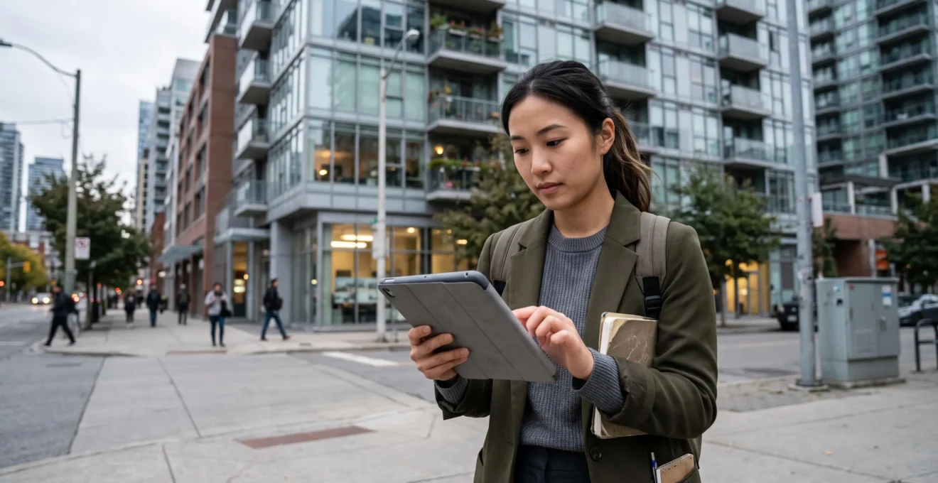 Jeune expatrié consultant un téléphone devant un immeuble d'appartements canadiens lors de la recherche de son premier logement.