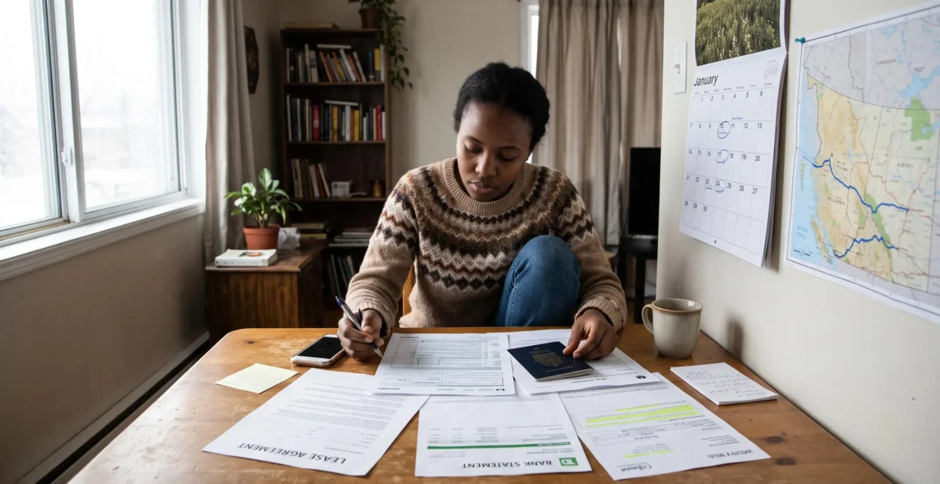 Une personne nouvellement installée au Canada trie des documents administratifs et fiscaux sur une table devant un calendrier.