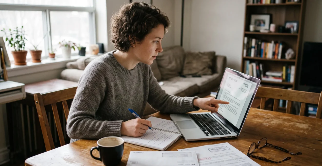 Une résidente vérifie sur son ordinateur portable une lettre officielle et prend des notes à la table de son appartement canadien.