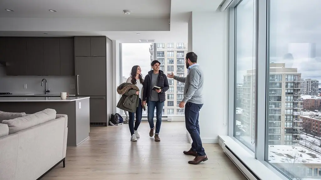 Un couple visite un condo lumineux en compagnie d'un agent immobilier, avec une vue sur les tours résidentielles d'une ville canadienne.
